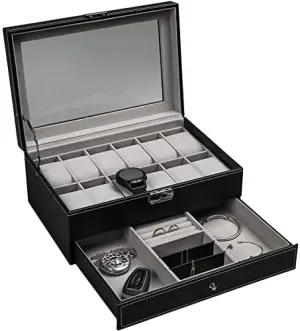 Case (Color : Black) Jewelry Travel Box 12 Slot Watch Box Men's Watch Storage Box PU Leather Case with Jewelry Drawer for Storing and Displaying Jewelry imprecise ax putrefy Jewelry Organizer Storage 