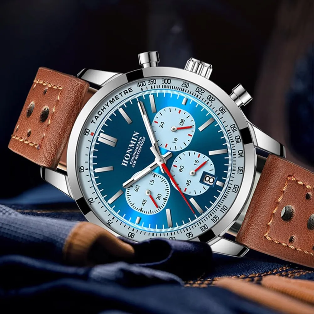Casual Clock Man Luxury Watch Waterproof Chronograph Luminous Men's tent Wristwatch Leather Men Quartz Watches 