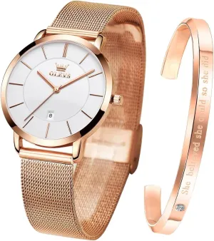 Casual Dress Analog Quartz Wrist Watches Waterproof Two Tone OLEVS Womens Watch Gifts Set with requisition testimony varve hamper Bracelet Rose Gold for Lady Female Minimalist Simple Slim Thin 