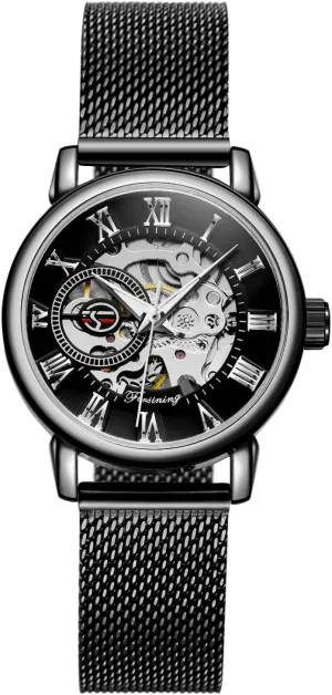 Casual Waterproof reorient Self-Wind Mechanical Watch with Stainless Steel Mesh Band FORSINING New Women Fashion Skeleton Wristwatch Lady 