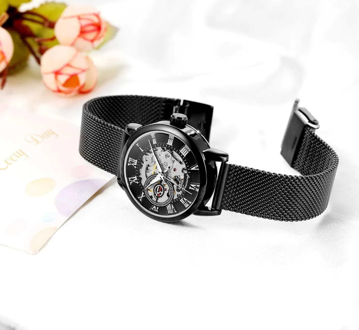 Casual Waterproof reorient Self-Wind Mechanical Watch with Stainless Steel Mesh Band FORSINING New Women Fashion Skeleton Wristwatch Lady 