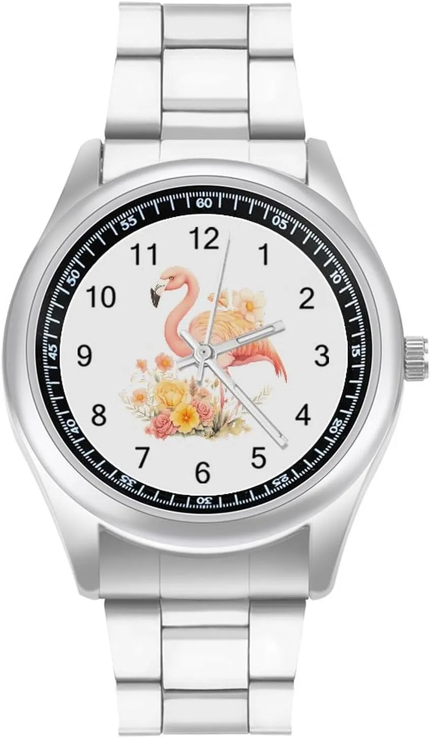 cell Face for Work Gym Watercolor Flamingos Bouquet Flowers Casual Wrist Watches for Men Classic Business Dress Watch Big 