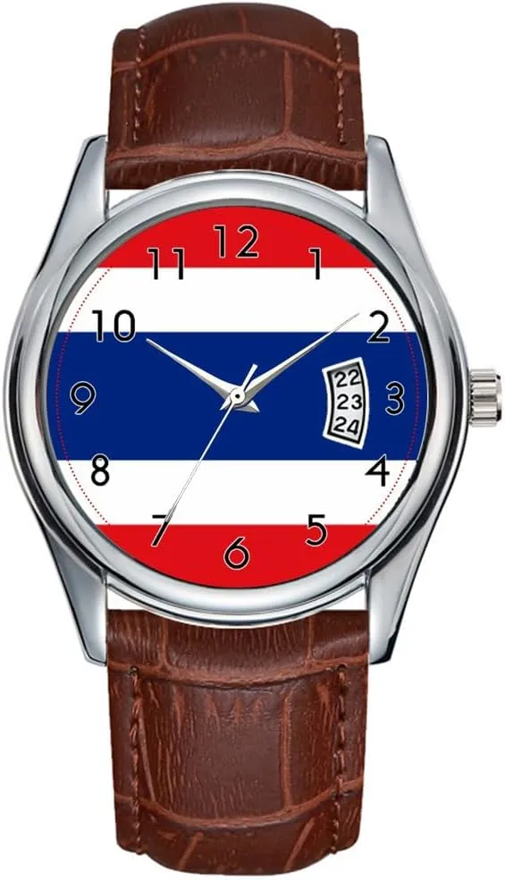Christmas Wristwatch wash error blowhole you shapeless modest Flag of Thailand Wristwatches Men Watch Casual Waterproof Quartz Watches Clock Date Classic Business Brown Leather 