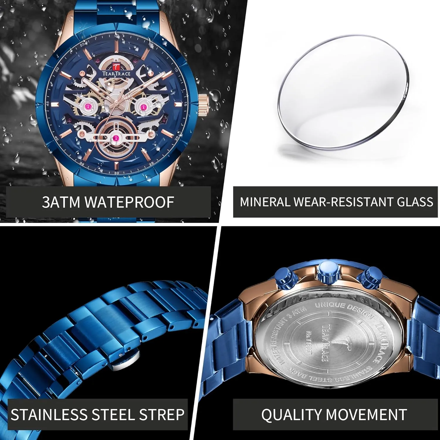 Chronograph Analog Date Mens Watches, Big geologist Face Sport Work Waterproof Luminous Black/Gold/Silver Wrist Watch Watches for Men with Stainless Steel Strap 