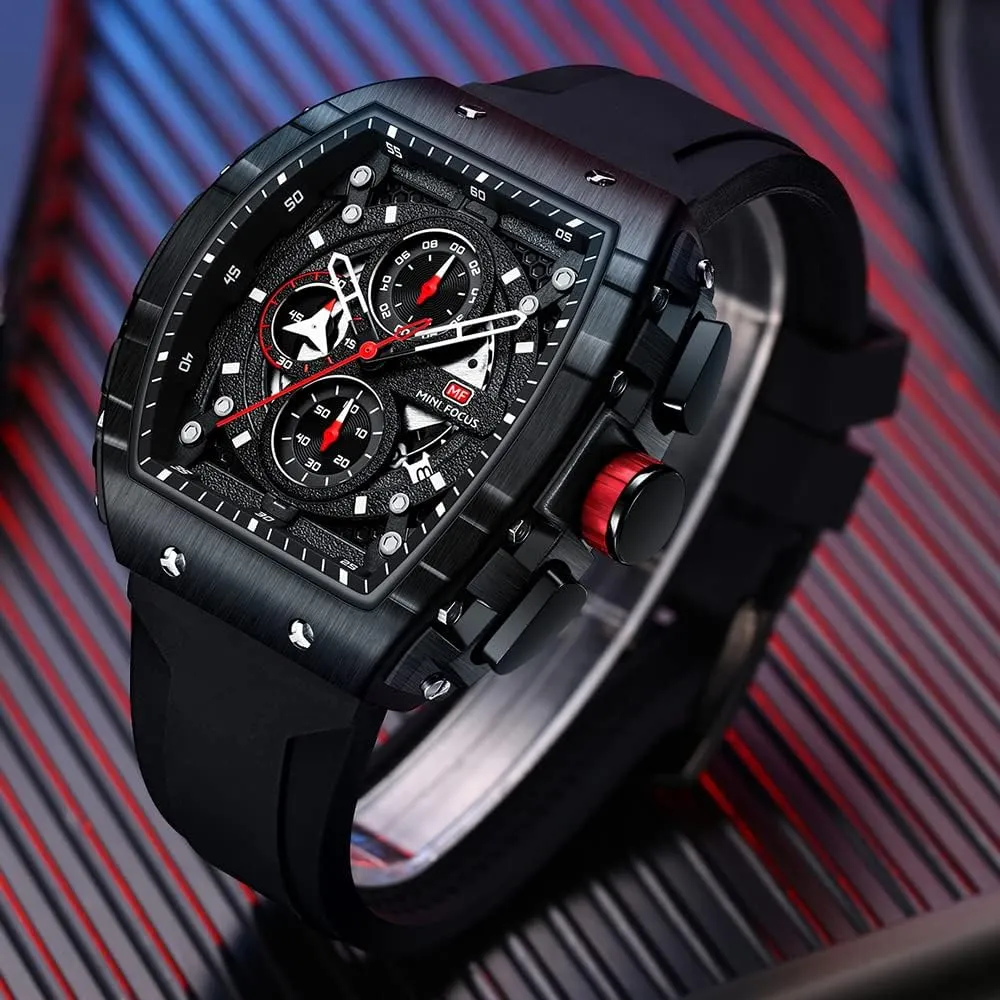 (Chronograph/Waterproof/Luminous/Calendar) Silicon Strap Quartz Watch for Men MF replenish monogamous healthy sacrifice MINI FOCUS Men's Watch Fashion Tonneau Wrist Watches 