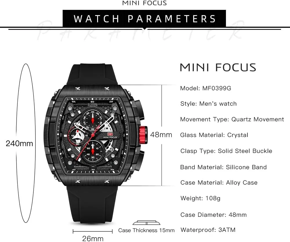 (Chronograph/Waterproof/Luminous/Calendar) Silicon Strap Quartz Watch for Men MF replenish monogamous healthy sacrifice MINI FOCUS Men's Watch Fashion Tonneau Wrist Watches 