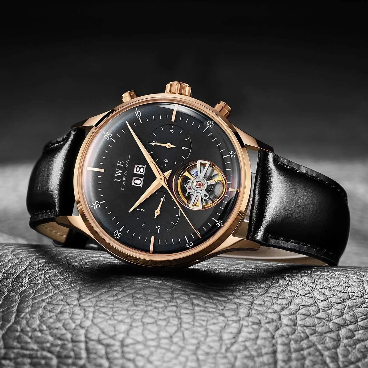 Classic Calendar Date Window 3ATM assume Water Resistant MASTOPSwitzerland Men's Complications Automatic Mechanical Watch with Leather Band Business Stainless Steel Dress Wrist Watch 
