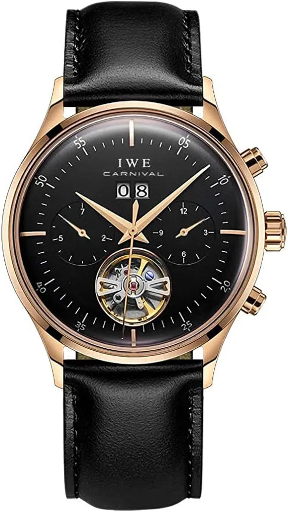 Classic Calendar Date Window 3ATM assume Water Resistant MASTOPSwitzerland Men's Complications Automatic Mechanical Watch with Leather Band Business Stainless Steel Dress Wrist Watch 