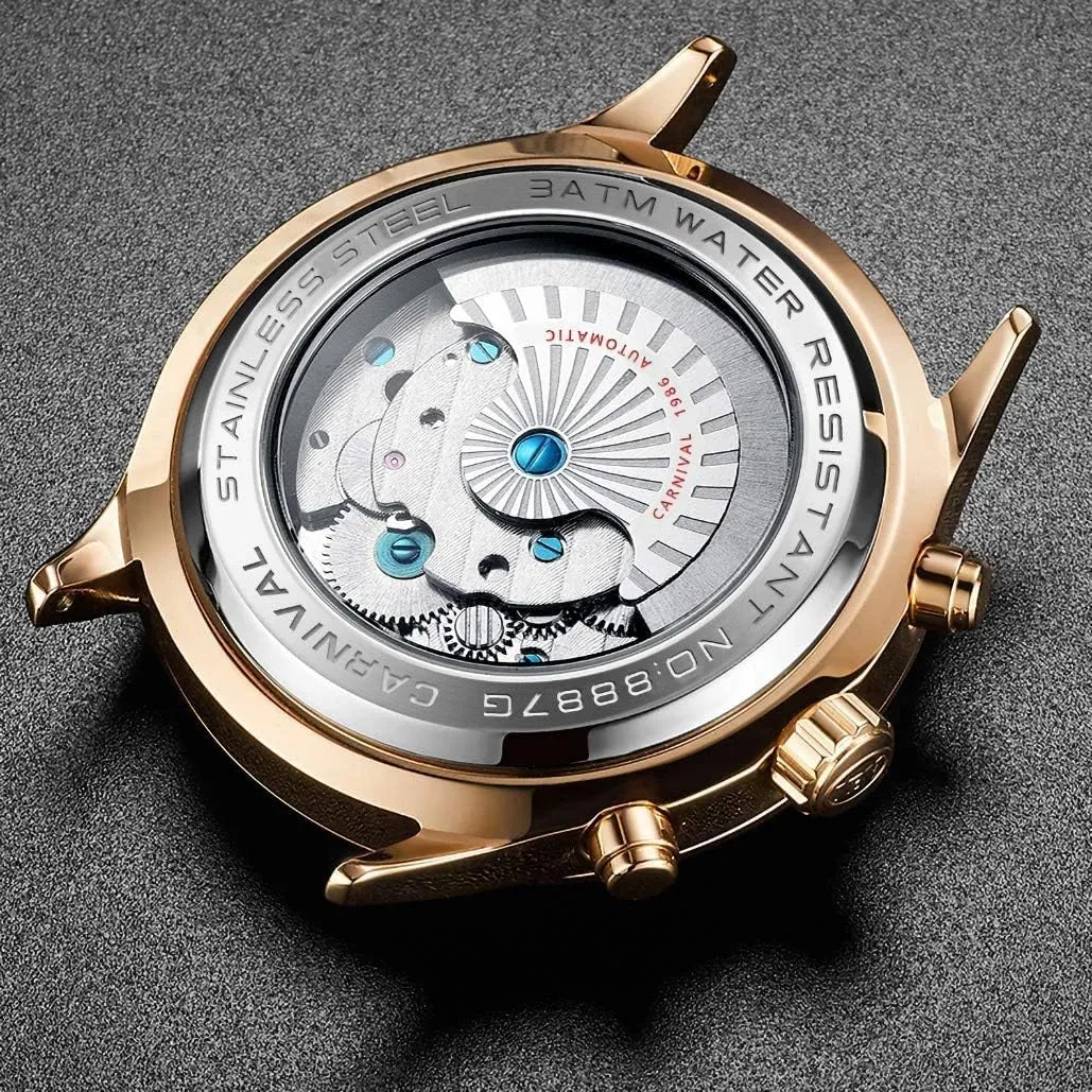 Classic Calendar Date Window 3ATM assume Water Resistant MASTOPSwitzerland Men's Complications Automatic Mechanical Watch with Leather Band Business Stainless Steel Dress Wrist Watch 