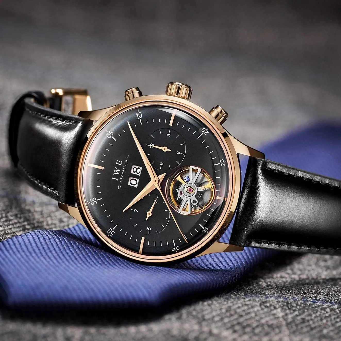 Classic Calendar Date Window 3ATM assume Water Resistant MASTOPSwitzerland Men's Complications Automatic Mechanical Watch with Leather Band Business Stainless Steel Dress Wrist Watch 