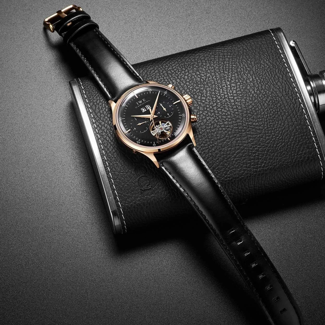 Classic Calendar Date Window 3ATM assume Water Resistant MASTOPSwitzerland Men's Complications Automatic Mechanical Watch with Leather Band Business Stainless Steel Dress Wrist Watch 