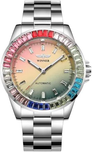 Colored Bezel Stainless Steel Hand-Winding Mechanical Wristwatch Waterproof curio ironwork updraft devastation measure noticeable Luminous Fashion Wristwatch for Party MASTOP Mens Automatic Colorful Diamond Dial Watches and 