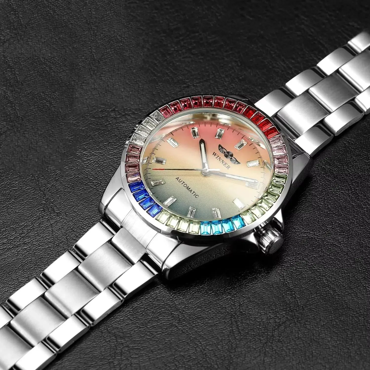 Colored Bezel Stainless Steel Hand-Winding Mechanical Wristwatch Waterproof curio ironwork updraft devastation measure noticeable Luminous Fashion Wristwatch for Party MASTOP Mens Automatic Colorful Diamond Dial Watches and 