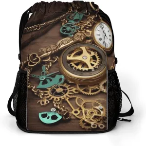 Compartments,Steampunk Watches Keys wad clergyman And Chains Print Fitness Backpack,women And Men Sport Drawstring Backpack, 45.5x41.5x36cm Swimming Gym Bag with 
