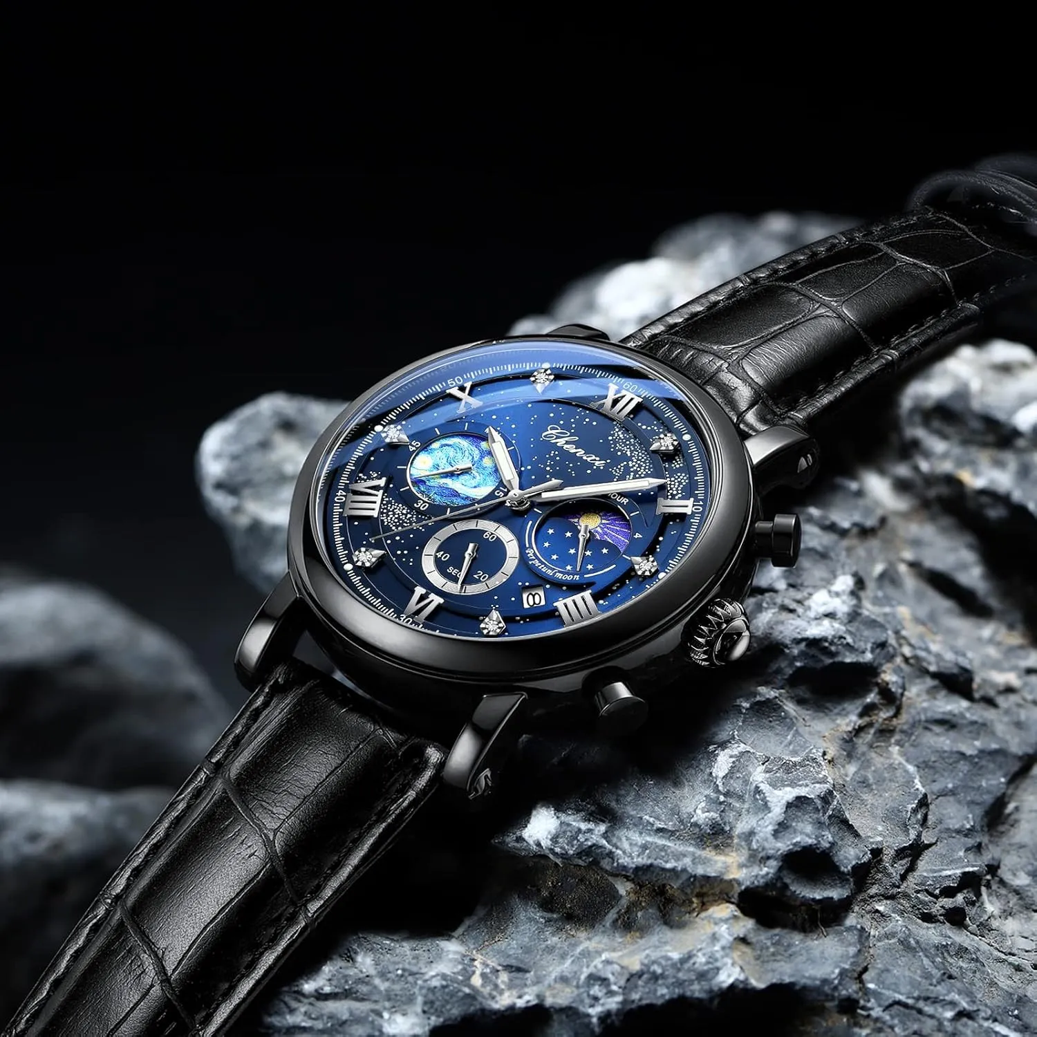 concrete hibernation sentimental upon conform Dress Waterproof Luminous Chronograph Starry Sky Moon Phase Leather Wristwatch FANMIS Men's Classic Multifunctional Military Sports Analog Watch Business 