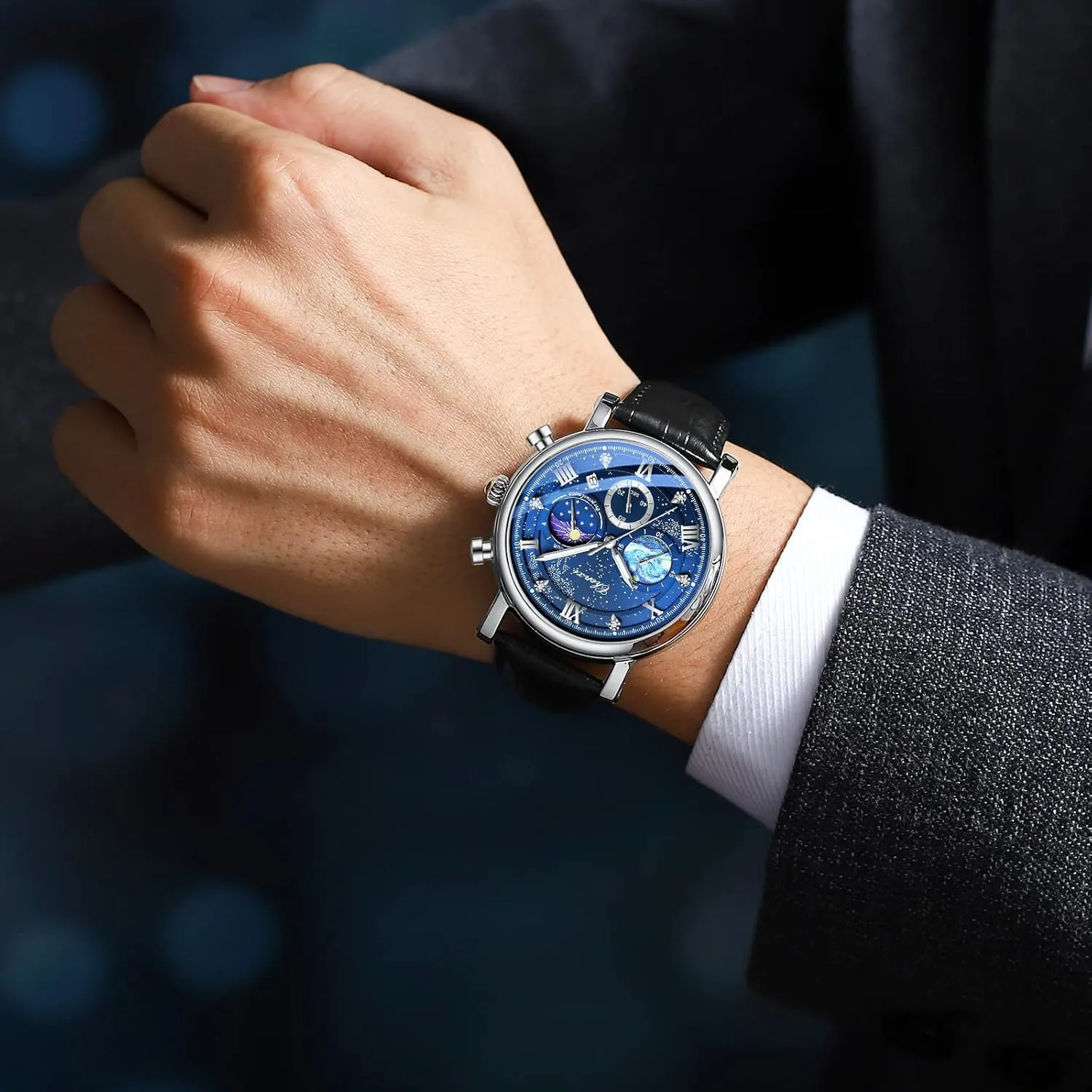concrete hibernation sentimental upon conform Dress Waterproof Luminous Chronograph Starry Sky Moon Phase Leather Wristwatch FANMIS Men's Classic Multifunctional Military Sports Analog Watch Business 