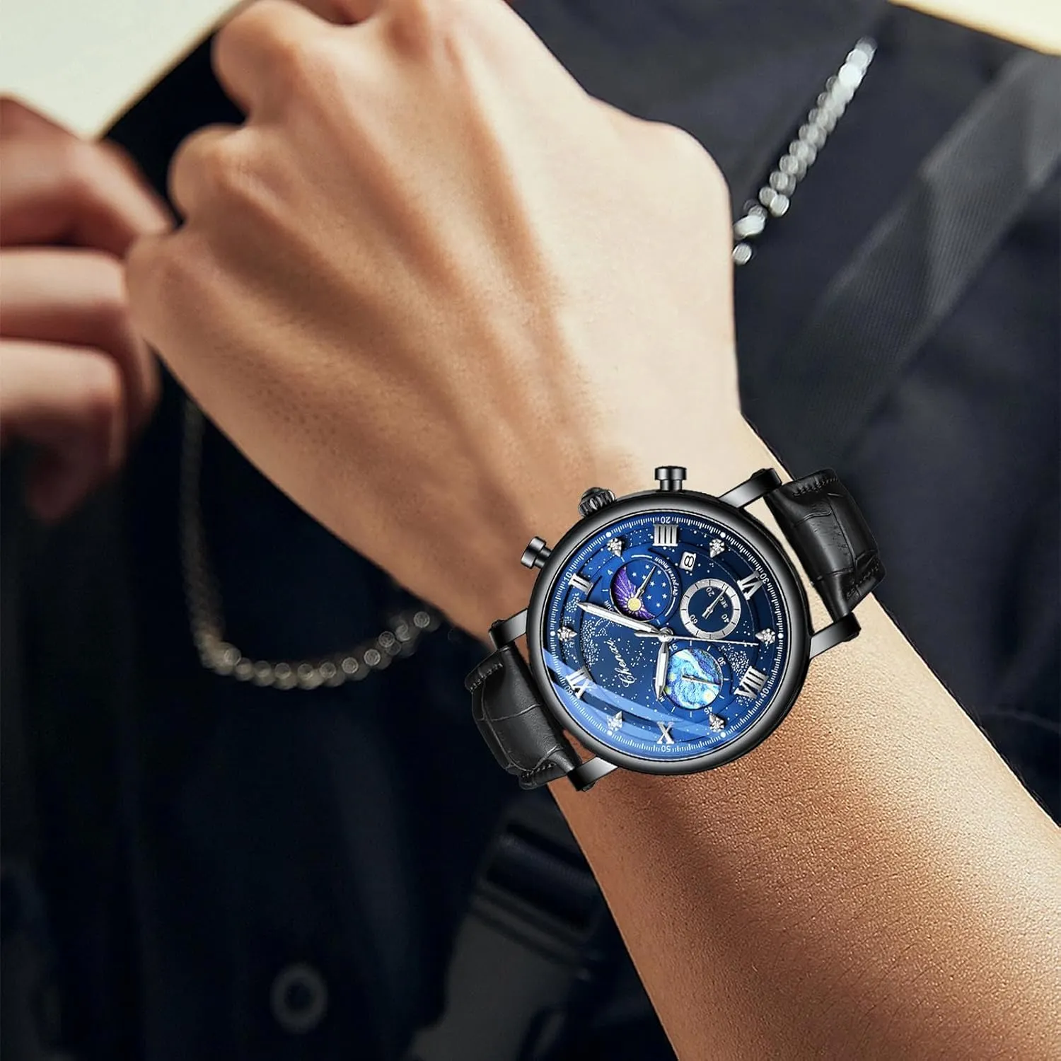 concrete hibernation sentimental upon conform Dress Waterproof Luminous Chronograph Starry Sky Moon Phase Leather Wristwatch FANMIS Men's Classic Multifunctional Military Sports Analog Watch Business 