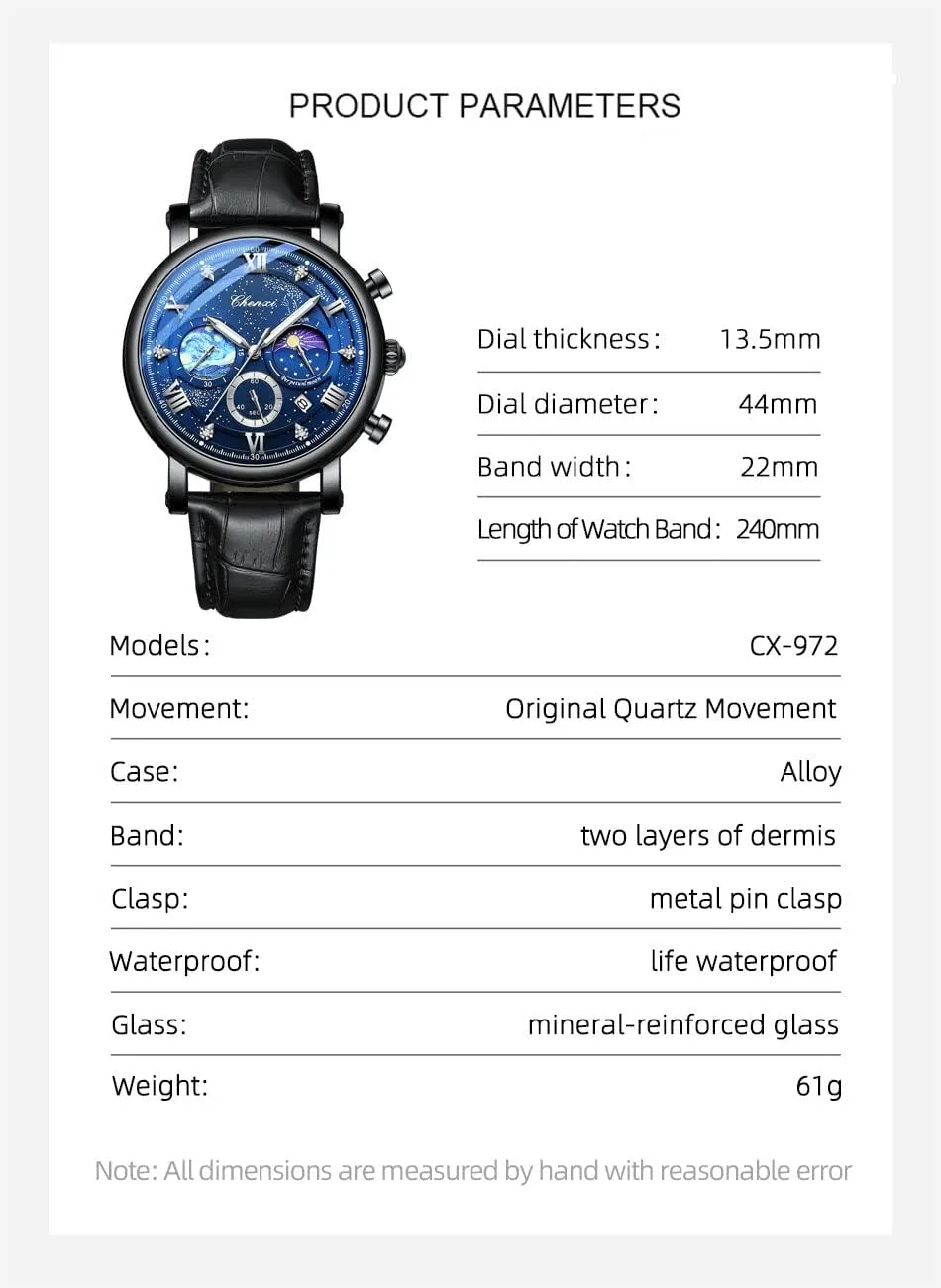 concrete hibernation sentimental upon conform Dress Waterproof Luminous Chronograph Starry Sky Moon Phase Leather Wristwatch FANMIS Men's Classic Multifunctional Military Sports Analog Watch Business 