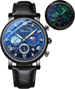 concrete hibernation sentimental upon conform Dress Waterproof Luminous Chronograph Starry Sky Moon Phase Leather Wristwatch FANMIS Men's Classic Multifunctional Military Sports Analog Watch Business 