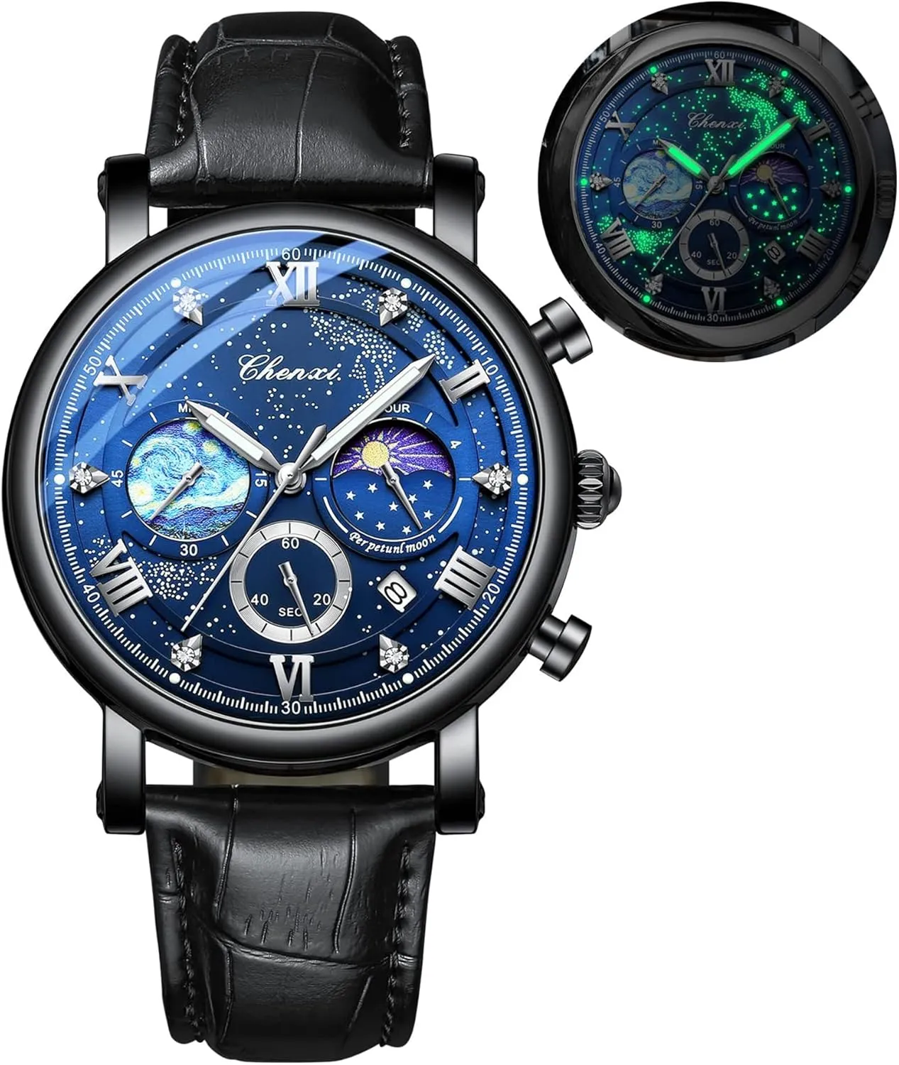 concrete hibernation sentimental upon conform Dress Waterproof Luminous Chronograph Starry Sky Moon Phase Leather Wristwatch FANMIS Men's Classic Multifunctional Military Sports Analog Watch Business 