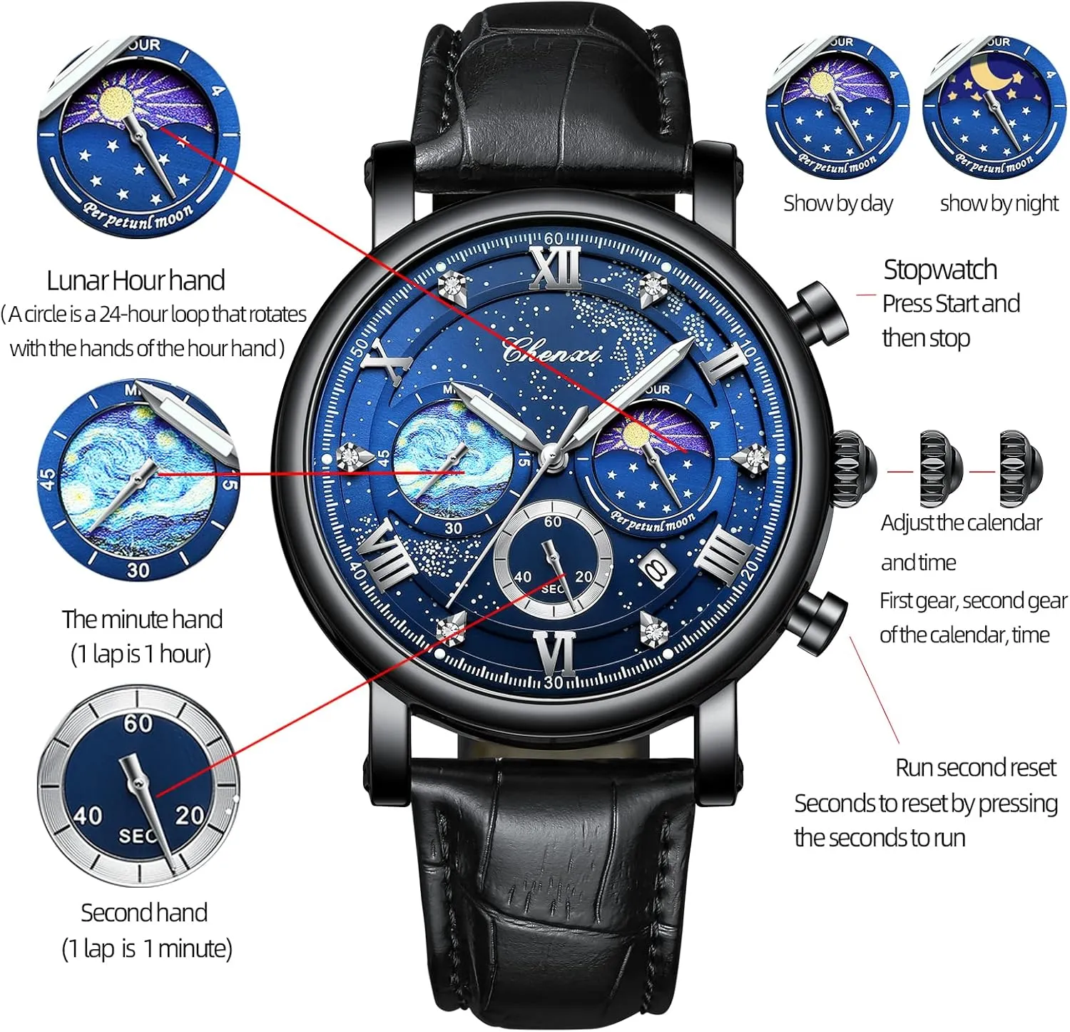 concrete hibernation sentimental upon conform Dress Waterproof Luminous Chronograph Starry Sky Moon Phase Leather Wristwatch FANMIS Men's Classic Multifunctional Military Sports Analog Watch Business 