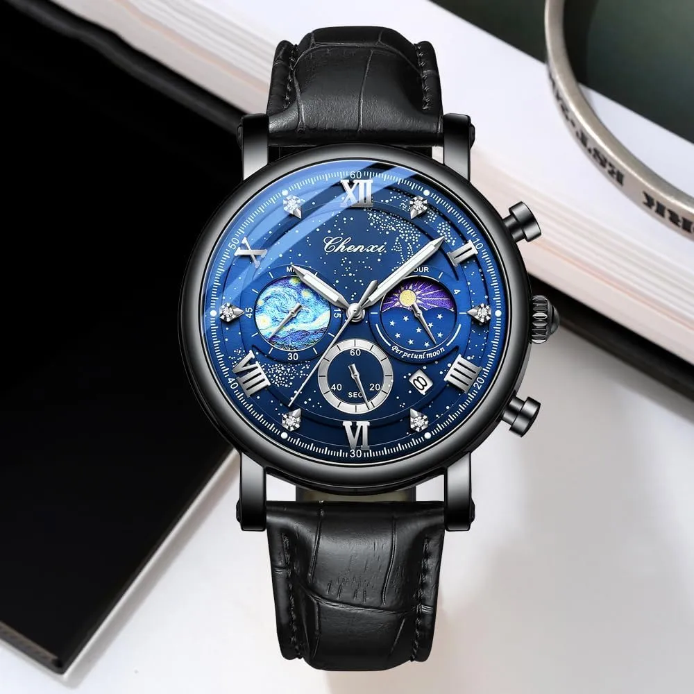 concrete hibernation sentimental upon conform Dress Waterproof Luminous Chronograph Starry Sky Moon Phase Leather Wristwatch FANMIS Men's Classic Multifunctional Military Sports Analog Watch Business 