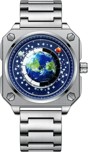 contamination Square Dial Mens Watches with Watch Box MINILUJIA 30M Waterproof Men World Map Watches Creative Wristwatch with Earth Globe Moon Sun Rotating Eye catching Cool Unique 