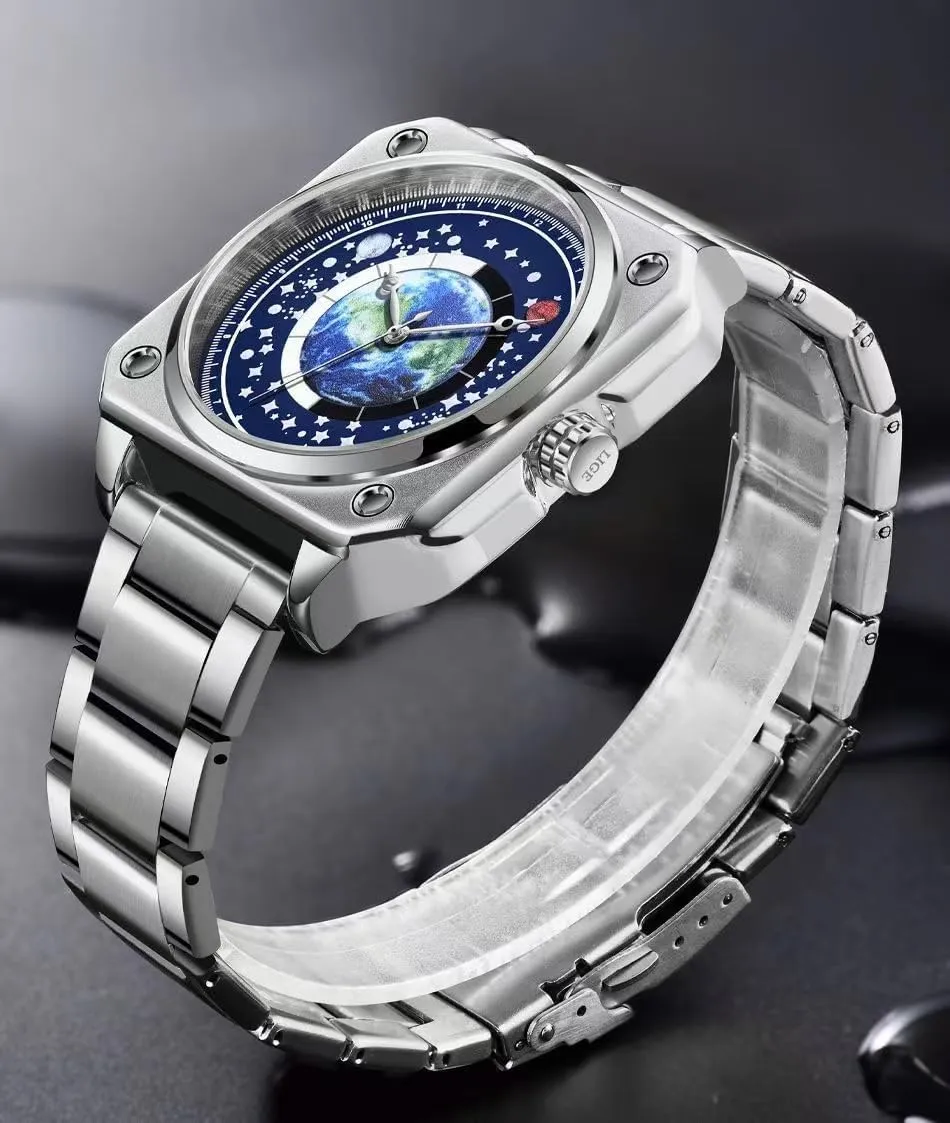 contamination Square Dial Mens Watches with Watch Box MINILUJIA 30M Waterproof Men World Map Watches Creative Wristwatch with Earth Globe Moon Sun Rotating Eye catching Cool Unique 