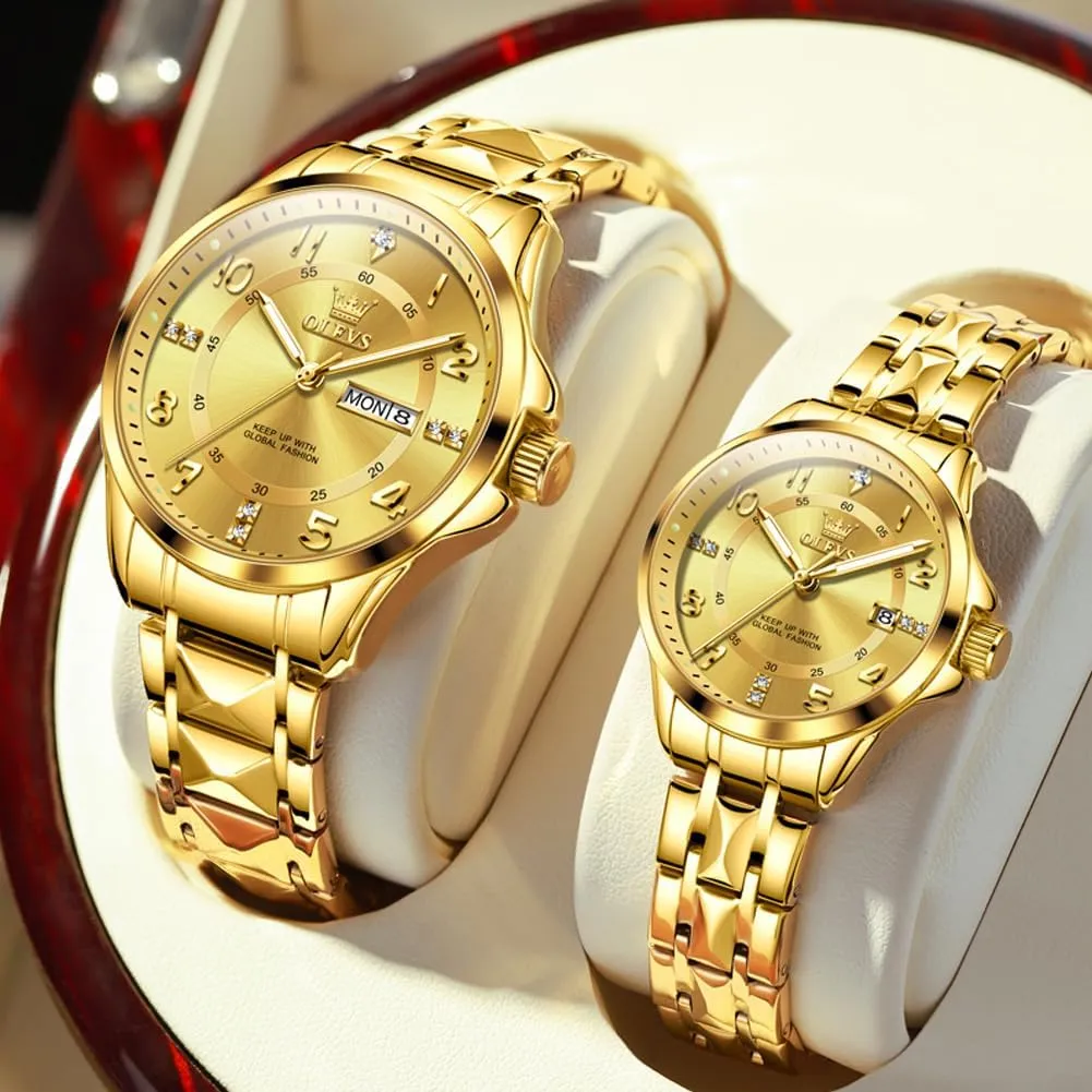 Couple Wedding Romantic Watch 2 Pieces OLEVS Couple aesthetically Quartz Watch Luminous Calendar Date Business Formal Luxury Men's and Women's Watch Waterproof Casual Stainless Steel 