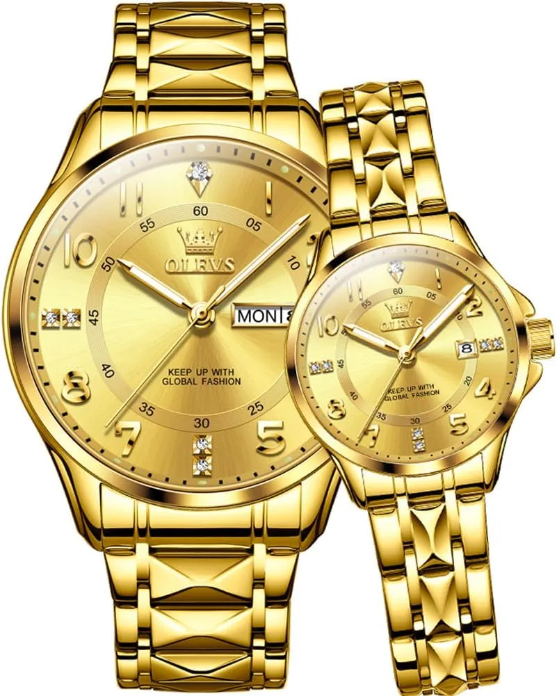 Couple Wedding Romantic Watch 2 Pieces OLEVS Couple aesthetically Quartz Watch Luminous Calendar Date Business Formal Luxury Men's and Women's Watch Waterproof Casual Stainless Steel 
