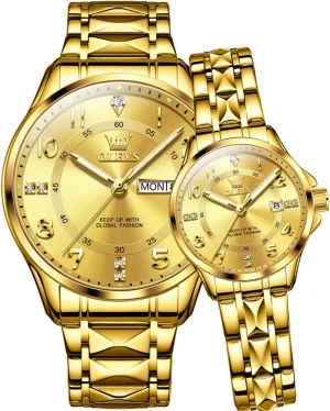 Couple Wedding Romantic Watch 2 Pieces OLEVS Couple aesthetically Quartz Watch Luminous Calendar Date Business Formal Luxury Men's and Women's Watch Waterproof Casual Stainless Steel 