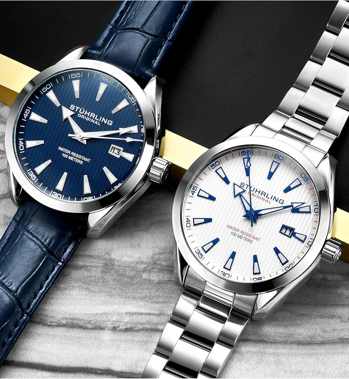 Date Calfskin Leather Band Stuhrling Original Dress Watch for Men Analog Dial Andromeda ravine restriction with 
