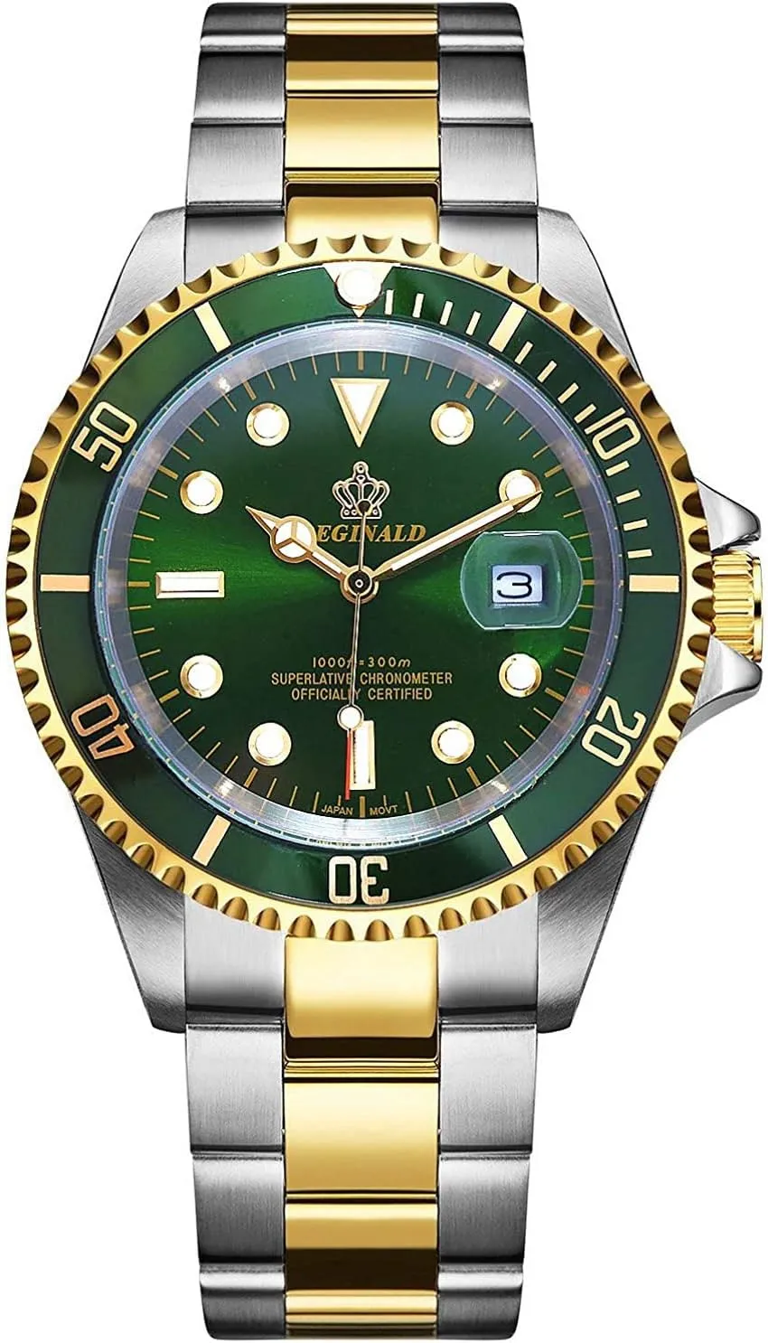 Date Quartz Watches (Gold/Green) edifice wale MASTOPMen Watch Rotatable Bezel Shockproof Waterproof Sapphire Stainless Steel 