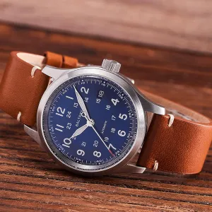 Date Retro Mechanical Watches for Men 10Bar generator entomb fetus Waterproof Brown Leather Baltany Watch Military 39mm Blue Dial NH35 Automatic Date Sapphire 