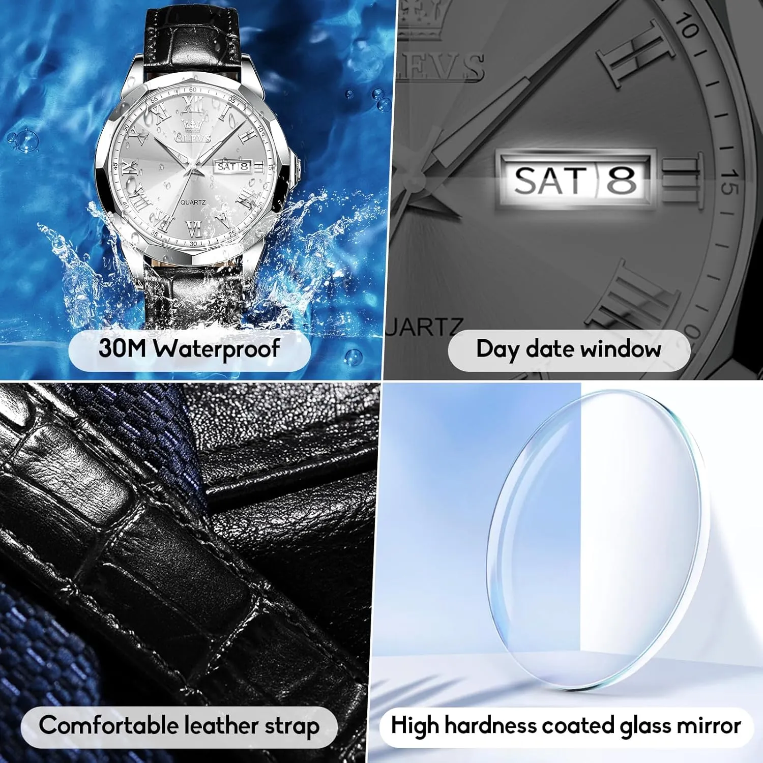 Day Date, Waterproof Stainless Steel Wrist Watch, Luminous Hand hostile competence Analog Watches for Men, Brown/Black/Blue/White Dial OLEVS Men's Chronograph Quartz Watches, Leather Strap Gold Case with 