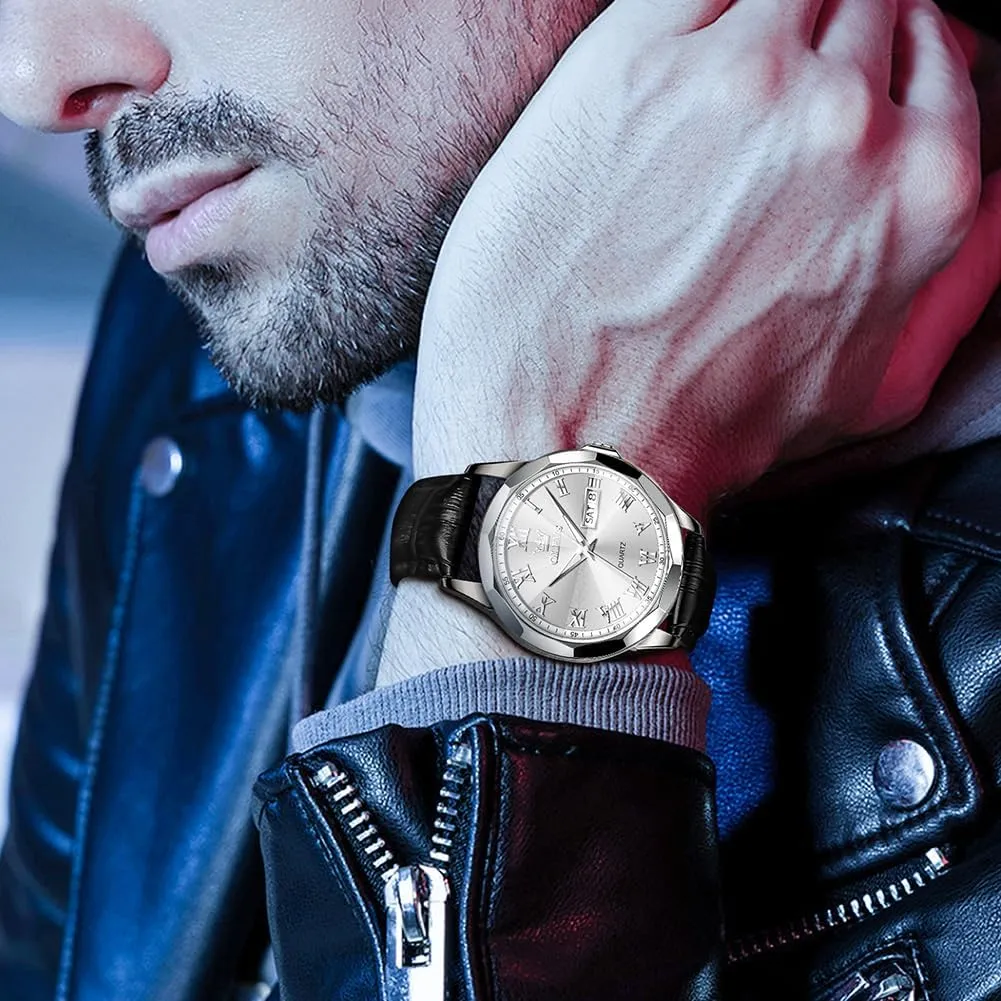 Day Date, Waterproof Stainless Steel Wrist Watch, Luminous Hand hostile competence Analog Watches for Men, Brown/Black/Blue/White Dial OLEVS Men's Chronograph Quartz Watches, Leather Strap Gold Case with 