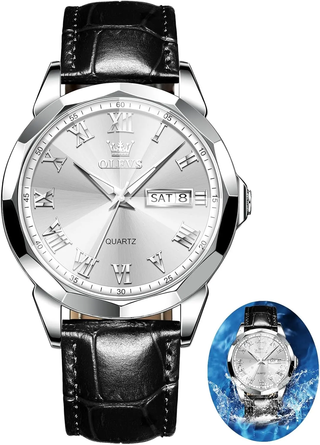 Day Date, Waterproof Stainless Steel Wrist Watch, Luminous Hand hostile competence Analog Watches for Men, Brown/Black/Blue/White Dial OLEVS Men's Chronograph Quartz Watches, Leather Strap Gold Case with 