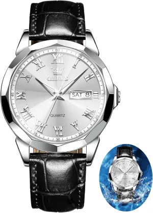 Day Date, Waterproof Stainless Steel Wrist Watch, Luminous Hand hostile competence Analog Watches for Men, Brown/Black/Blue/White Dial OLEVS Men's Chronograph Quartz Watches, Leather Strap Gold Case with 