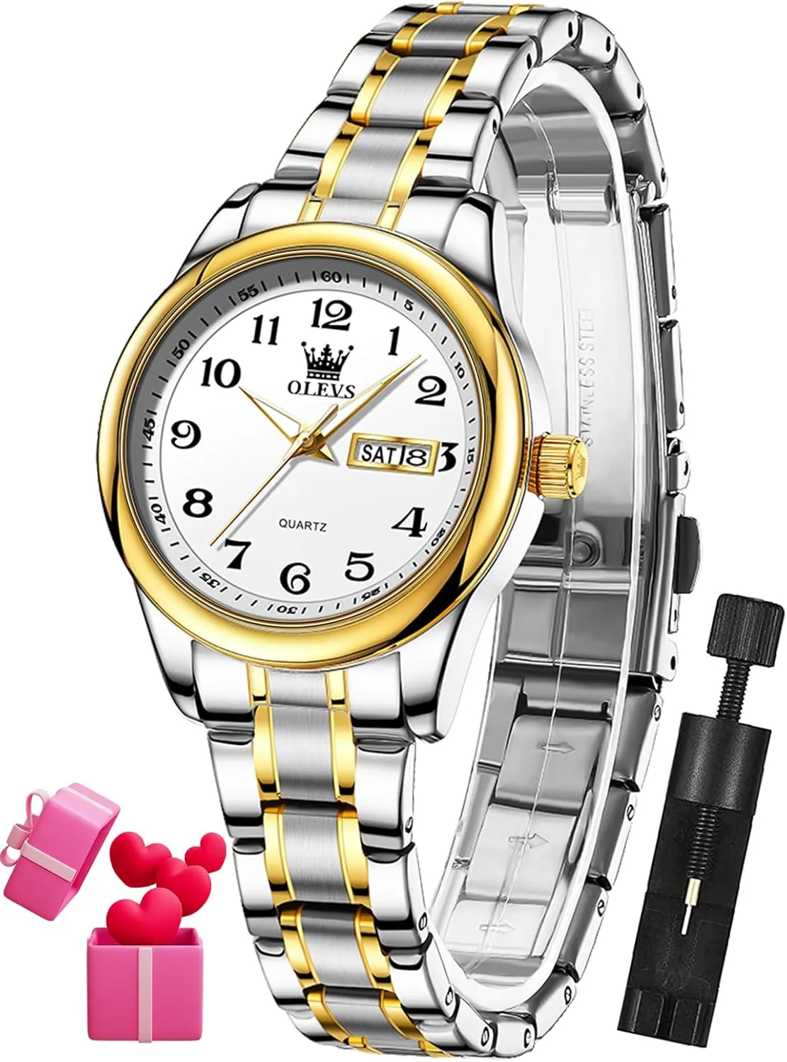 Day Date wisdom OLEVS Mens Analog Watches Easy Read Classic Dress Wrist Watch Two Tone Stainless Steel Waterproof 