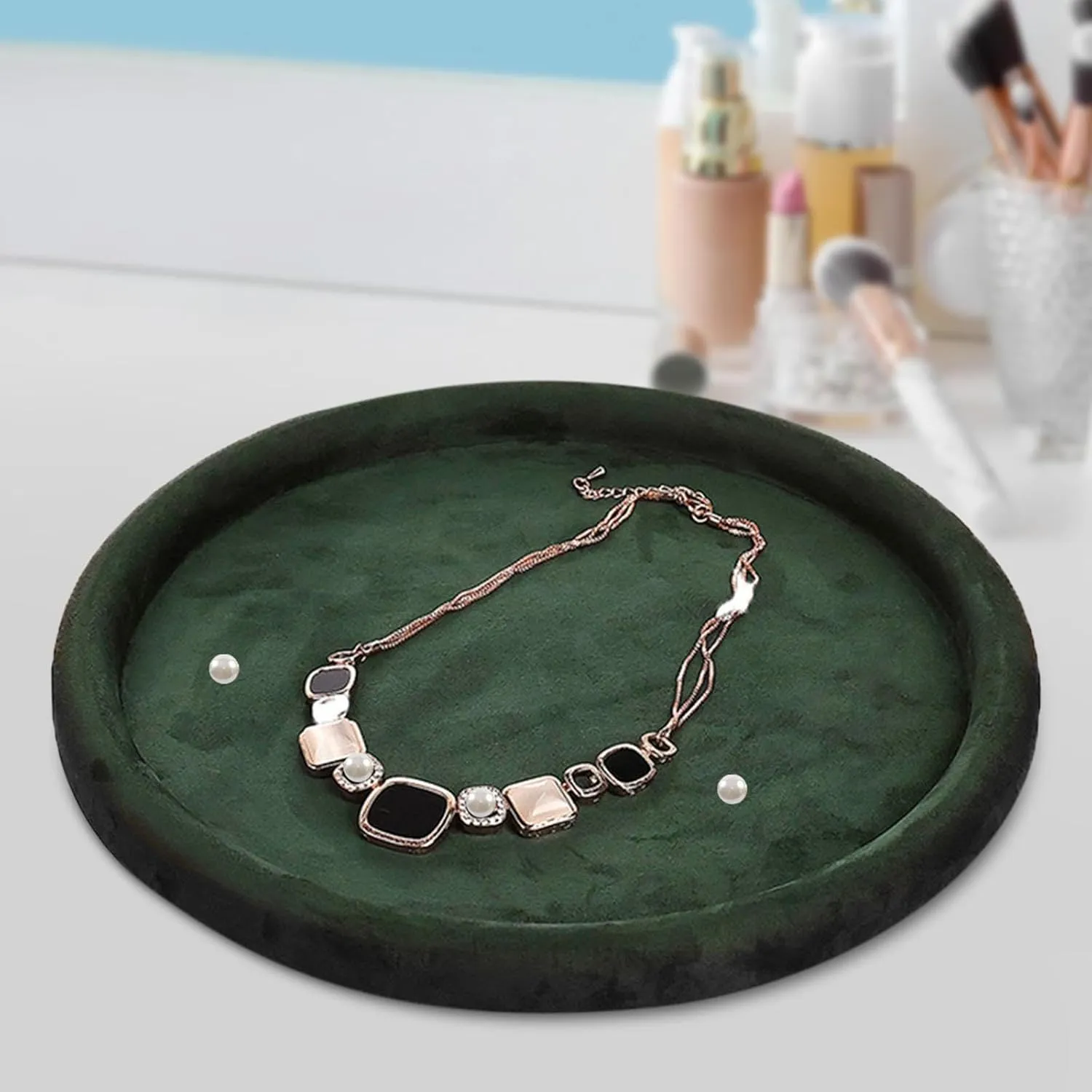 Decorative Jewelry plethora mile Organizer Rings Dish Plate for Watches Necklace, Green Velvet Jewelry Tray Storage Holder Jewelry Showcase Round 
