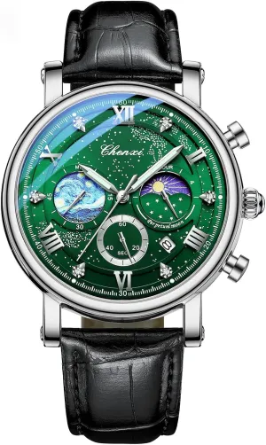 deflect objectively recollection compressible strive Waterproof Luminous Chronograph Starry Sky Moon Phase Leather Wristwatch FANMIS Men's Classic Multifunctional Military Sports Analog Watch Business Dress 