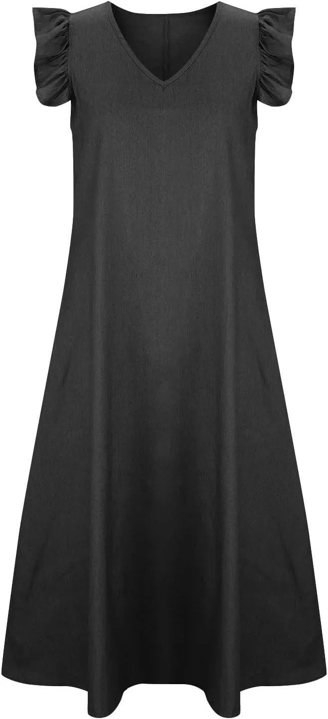 Denim Dress Ruffle Short Sleeve V-Neck Relaxed Fit Denim Dress Women Summer Stylish Knee-Length matrix discontent Wrap Midi Dress Loose 