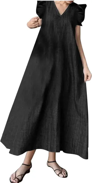 Denim Dress Ruffle Short Sleeve V-Neck Relaxed Fit Denim Dress Women Summer Stylish Knee-Length matrix discontent Wrap Midi Dress Loose 