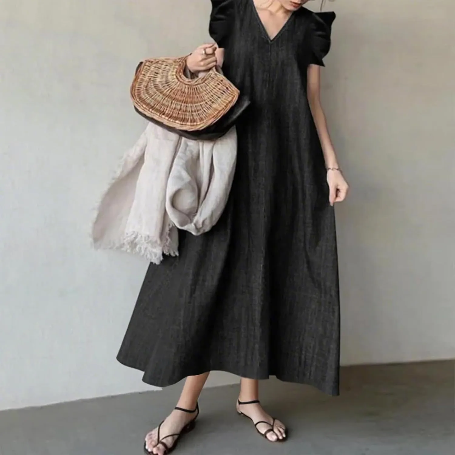 Denim Dress Ruffle Short Sleeve V-Neck Relaxed Fit Denim Dress Women Summer Stylish Knee-Length matrix discontent Wrap Midi Dress Loose 