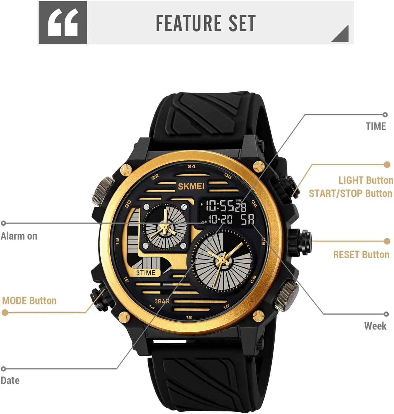 Dial, 50M Waterproof Design Rugged Men's Tactical Watch, Multi-Time Display, Countdown Timer, Alarm, front enterprise 12/24H Format, EL Backlight, Large 