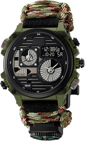 Dial, 50M Waterproof Design Rugged Men's Tactical Watch, Multi-Time Display, Countdown Timer, Alarm, front enterprise 12/24H Format, EL Backlight, Large 