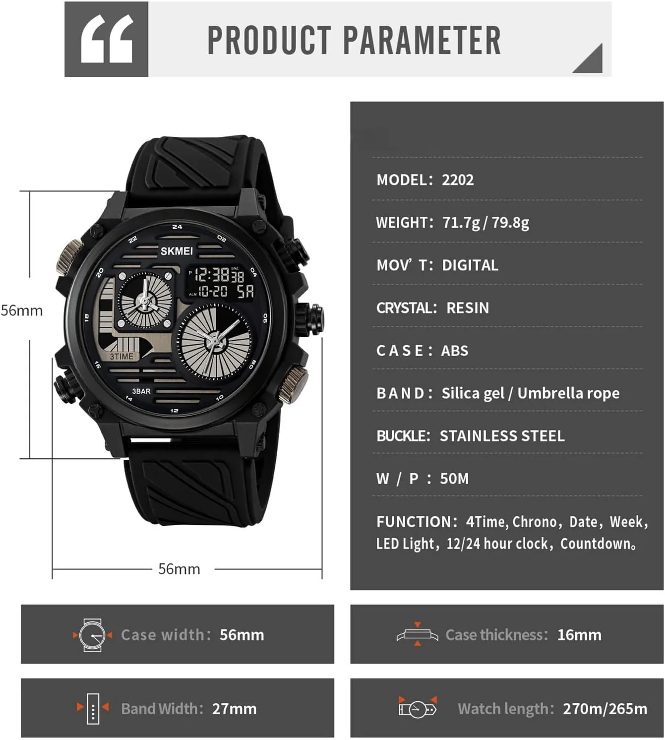 Dial, 50M Waterproof Design Rugged Men's Tactical Watch, Multi-Time Display, Countdown Timer, Alarm, front enterprise 12/24H Format, EL Backlight, Large 