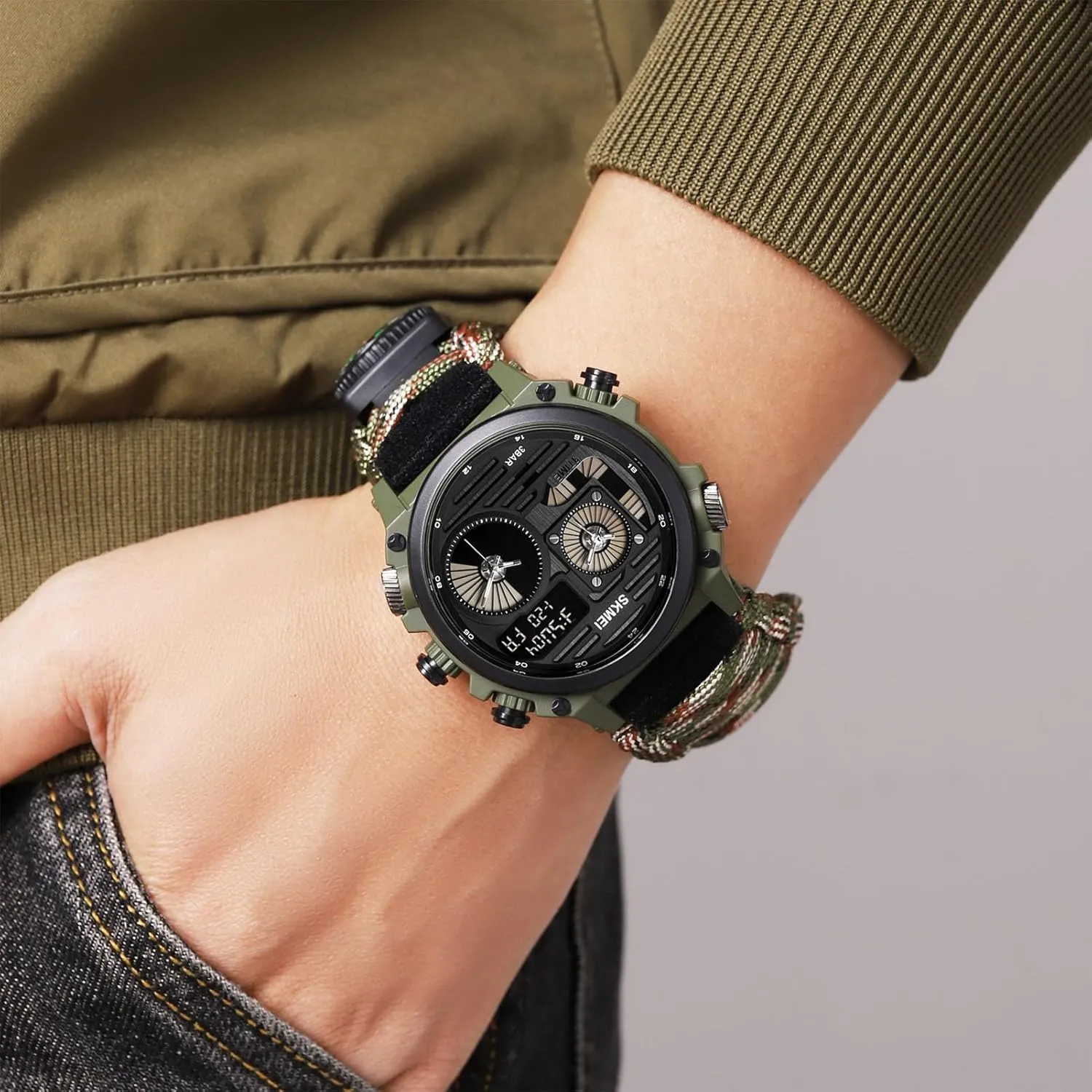 Dial, 50M Waterproof Design Rugged Men's Tactical Watch, Multi-Time Display, Countdown Timer, Alarm, front enterprise 12/24H Format, EL Backlight, Large 