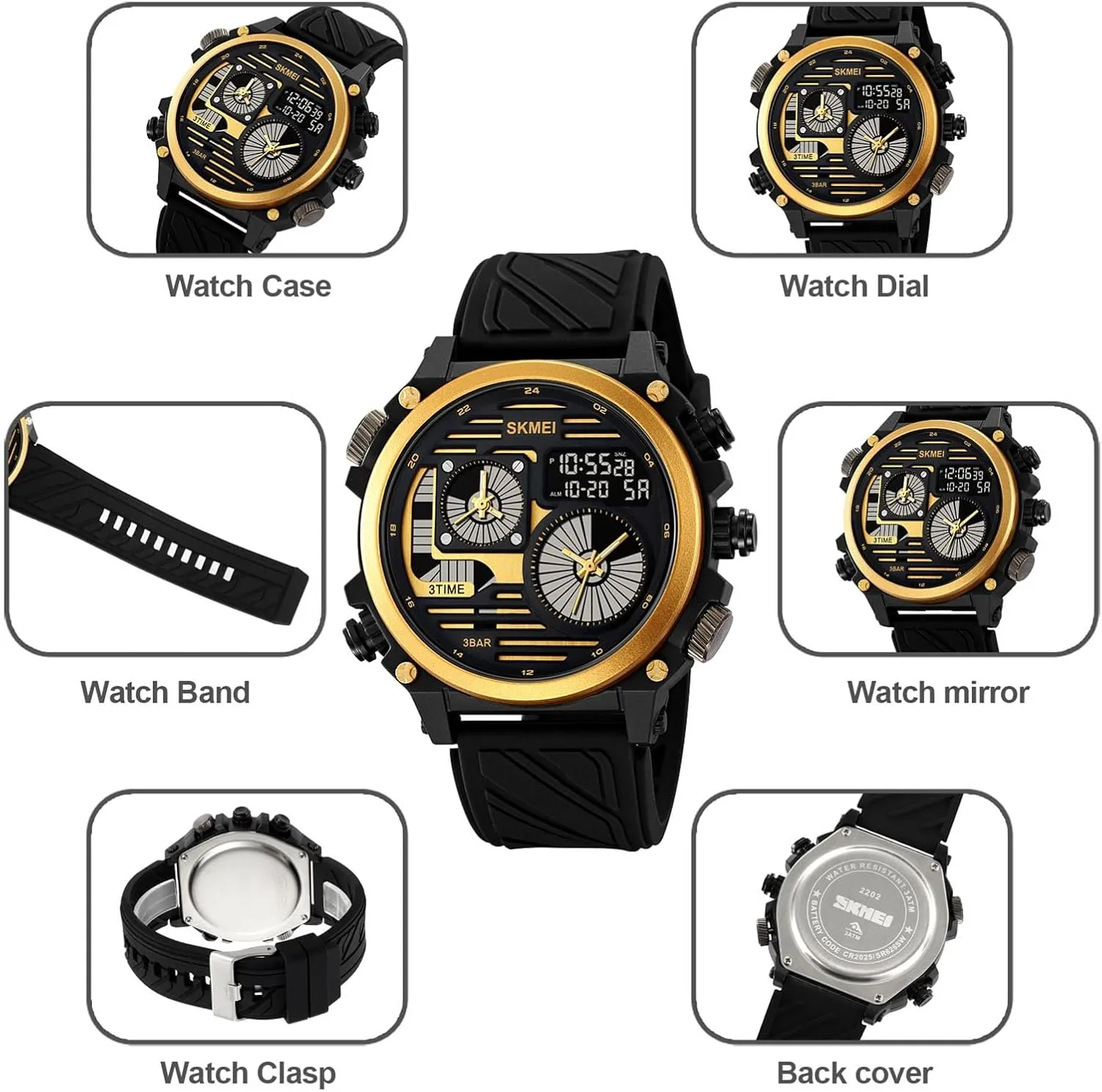 Dial, 50M Waterproof Design Rugged Men's Tactical Watch, Multi-Time Display, Countdown Timer, Alarm, front enterprise 12/24H Format, EL Backlight, Large 