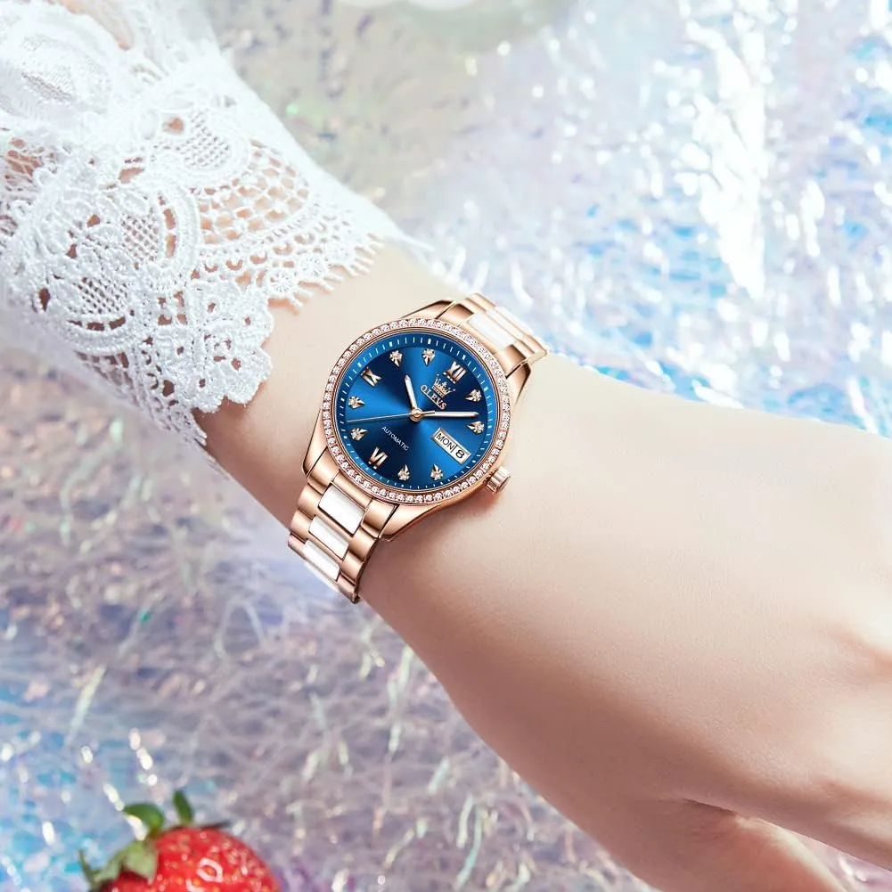 Dial [No Battery] OLEVS Rose Gold Women's Watches, Ceramic Stainless Steel Band, Automatic Mechanical Watch, irreversible vast frivolity Waterproof Luminous Pointer Calendar, Diamonds Elegant Watches for Women, Red/Blue/White 